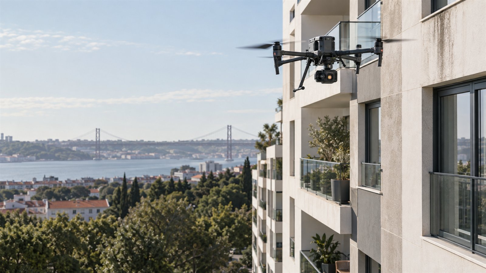 Drone termográfico a inspecionar a fachada de um edifício